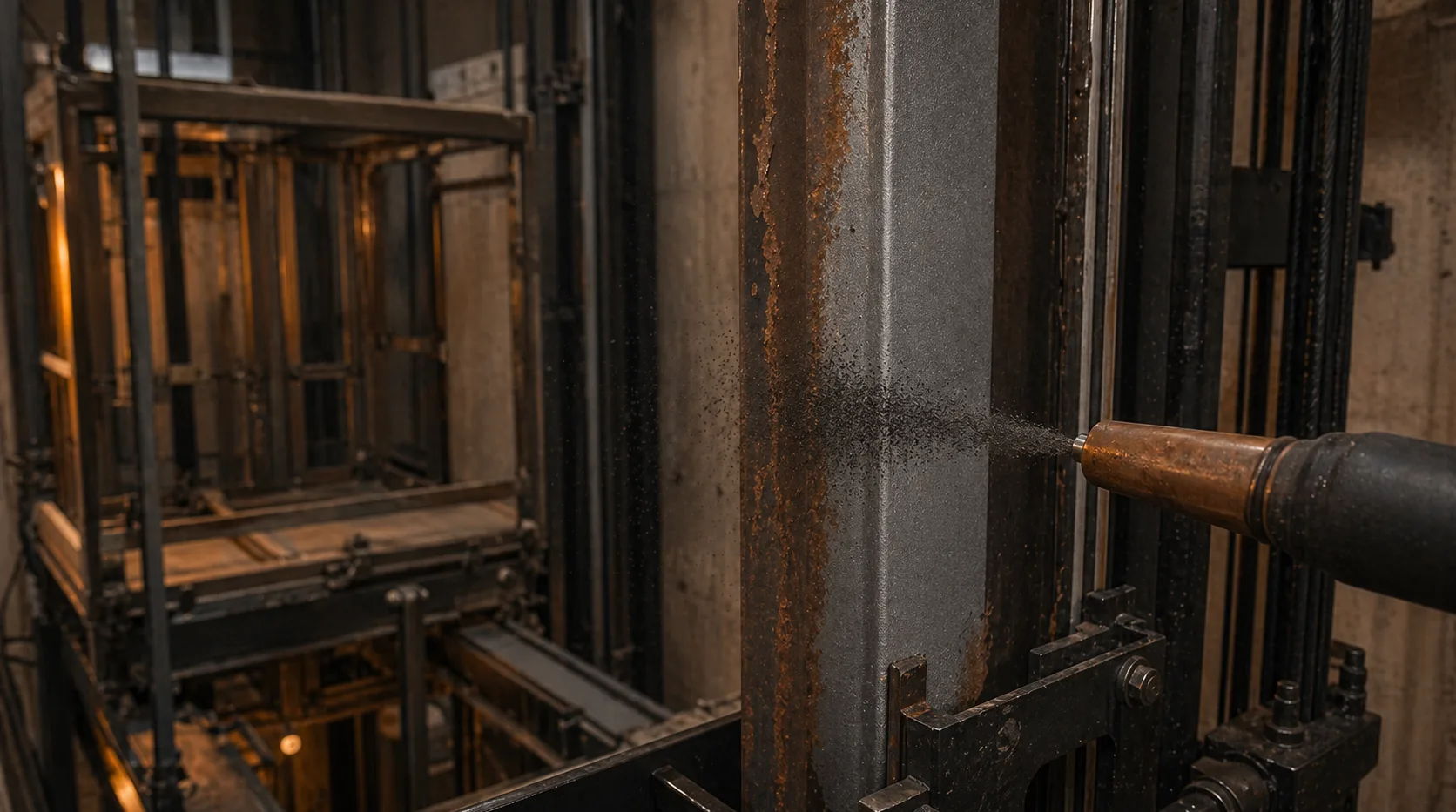 Aufzug-Führungsschiene wird mit dunkler Kupferschlacke gestrahlt