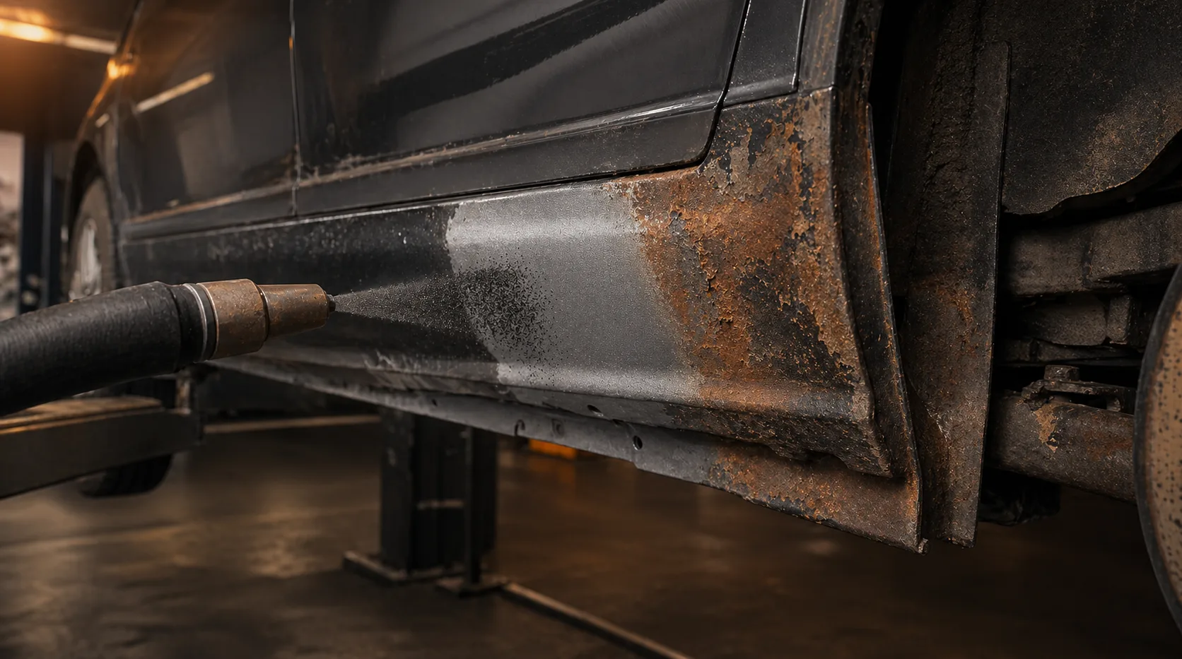 Unterbodenbereich eines Fahrzeugs wird mit dunkler Kupferschlacke gestrahlt