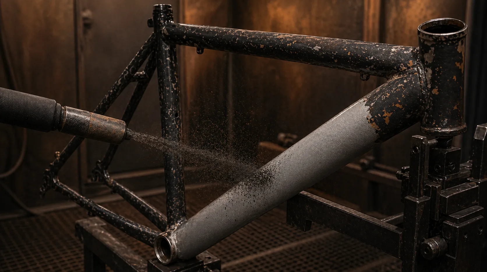 Stahl-Fahrradrahmen wird mit dunkler Kupferschlacke entlackt