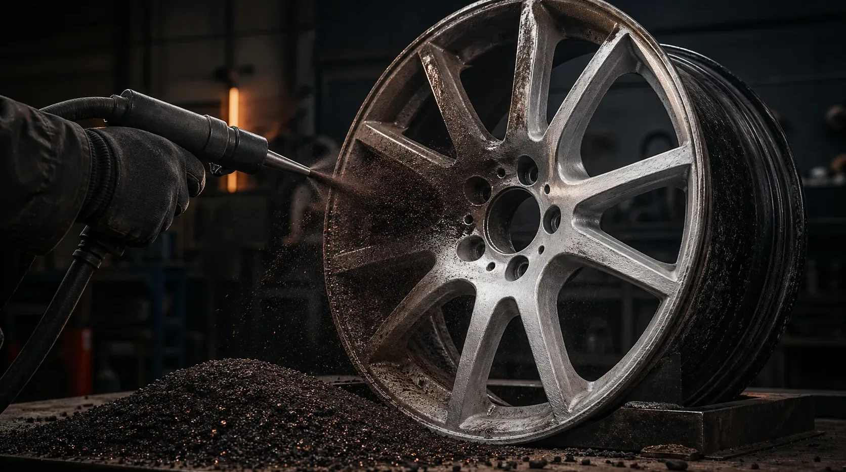 Alufelge beim Strahlen in der Werkstatt – Hinweis zur richtigen Strahlmittelwahl