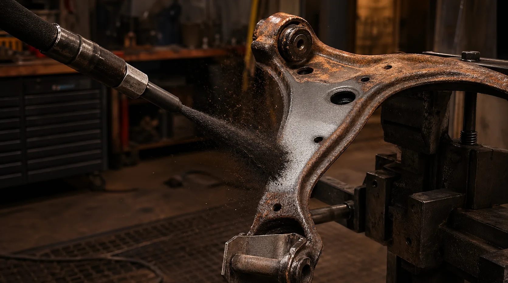 Rostiges KFZ-Stahlteil wird mit dunkler Kupferschlacke gestrahlt