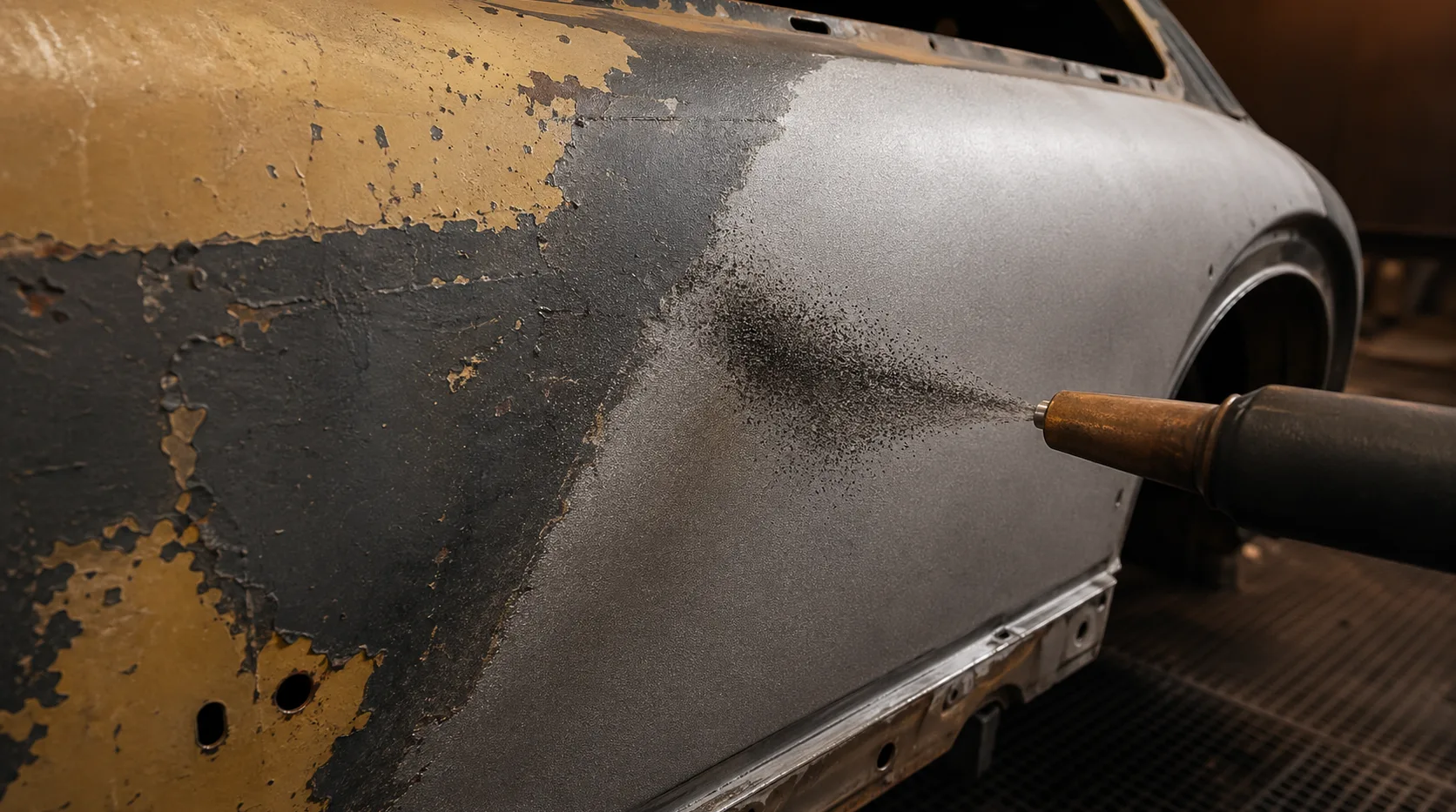 Alter Lack wird mit dunkler Kupferschlacke von Metall gestrahlt