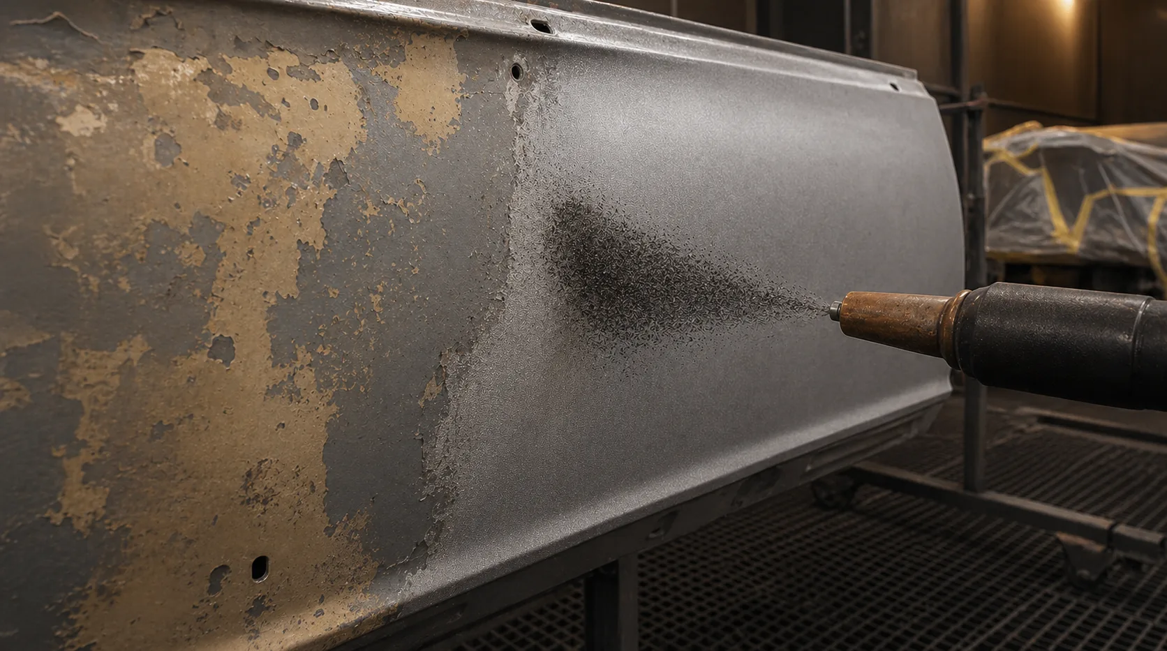 Karosserieblech wird in der Lackiererei mit dunkler Kupferschlacke vorbereitet