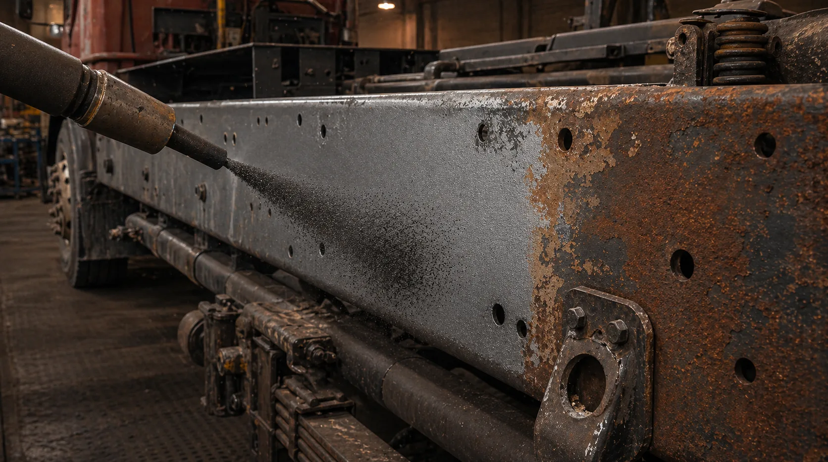 LKW-Rahmen wird mit dunkler Kupferschlacke entrostet