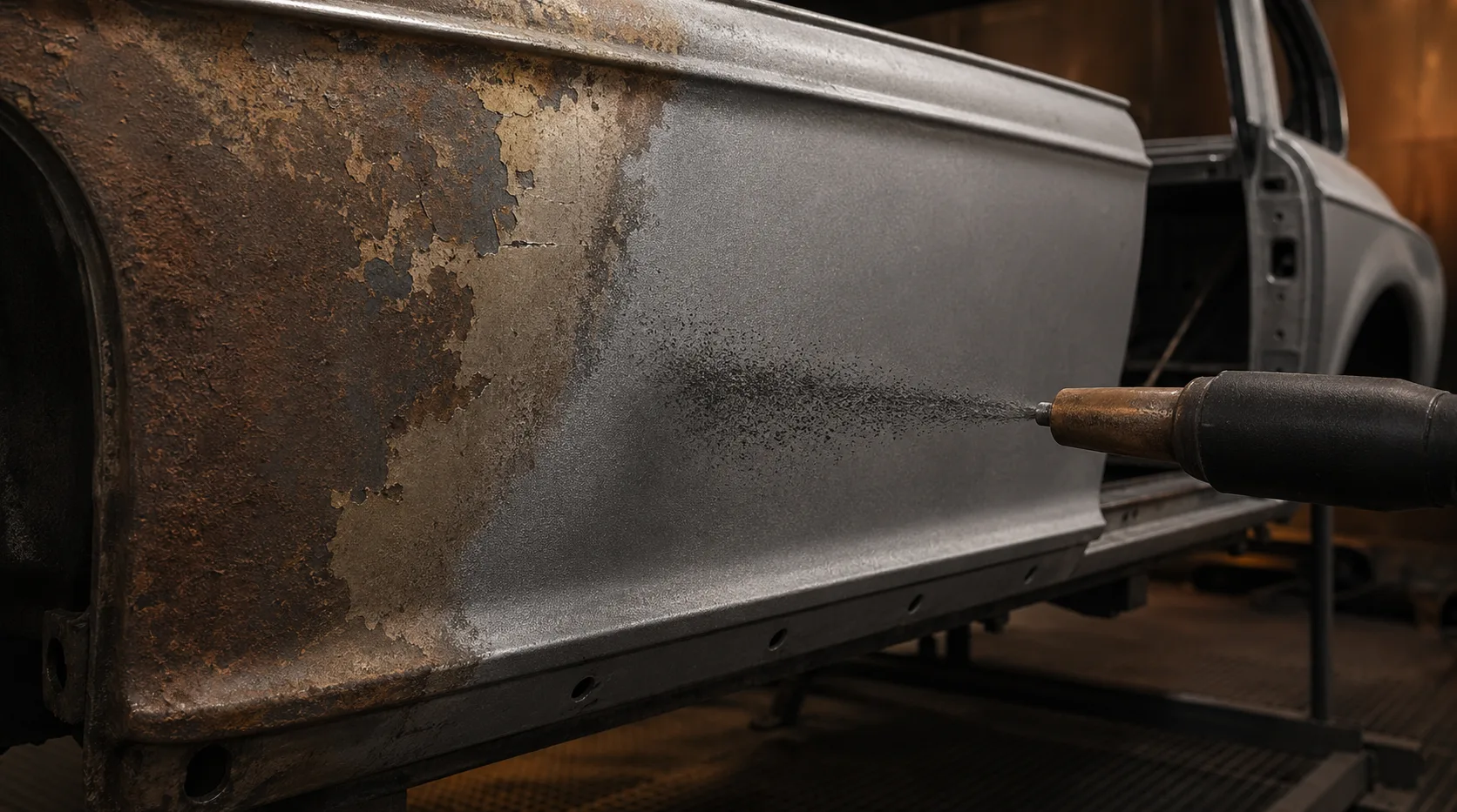 Oldtimer-Karosserie wird schonend mit dunkler Kupferschlacke gestrahlt