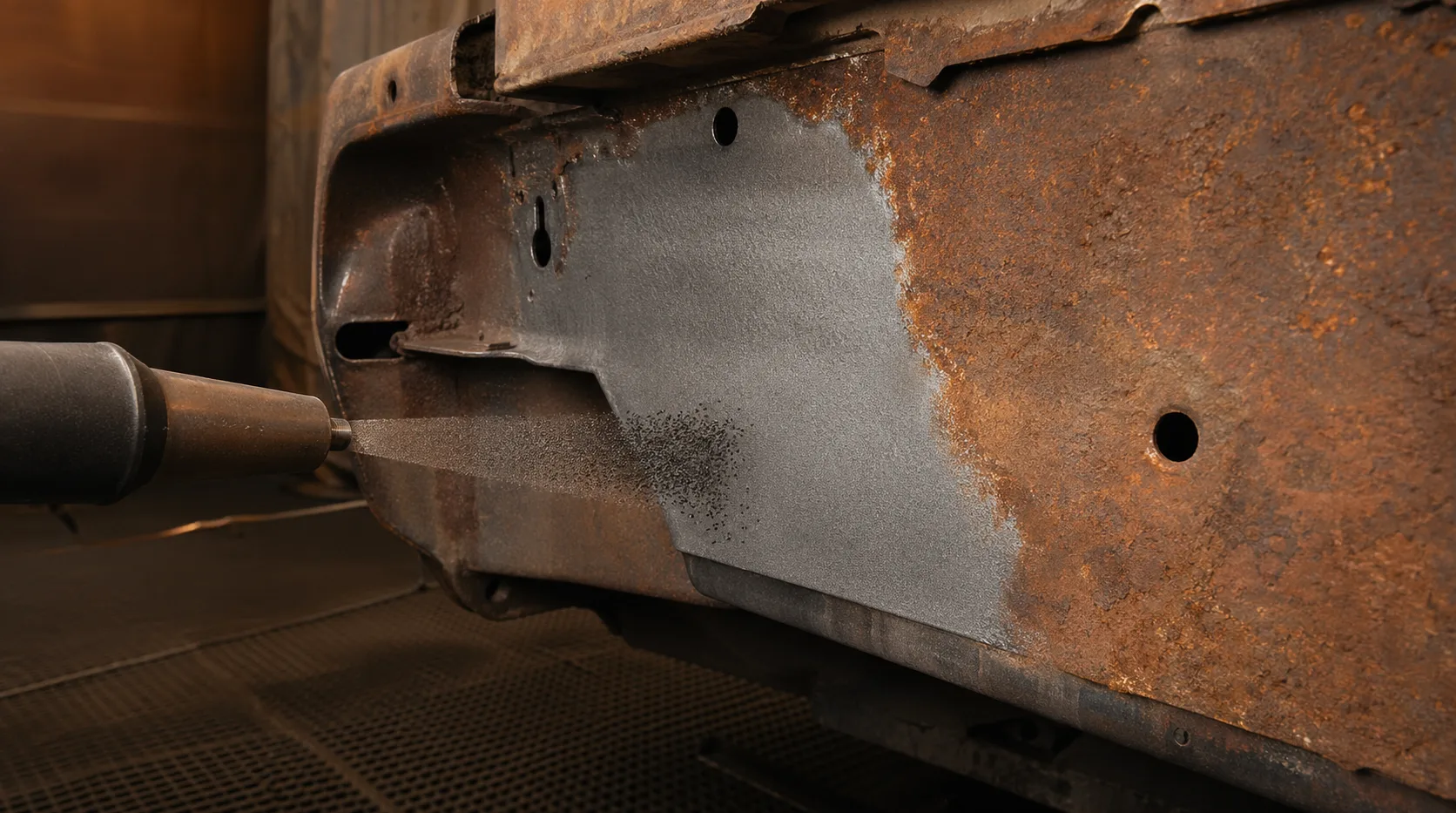 Rostiger Stahl wird mit dunkler Kupferschlacke gestrahlt