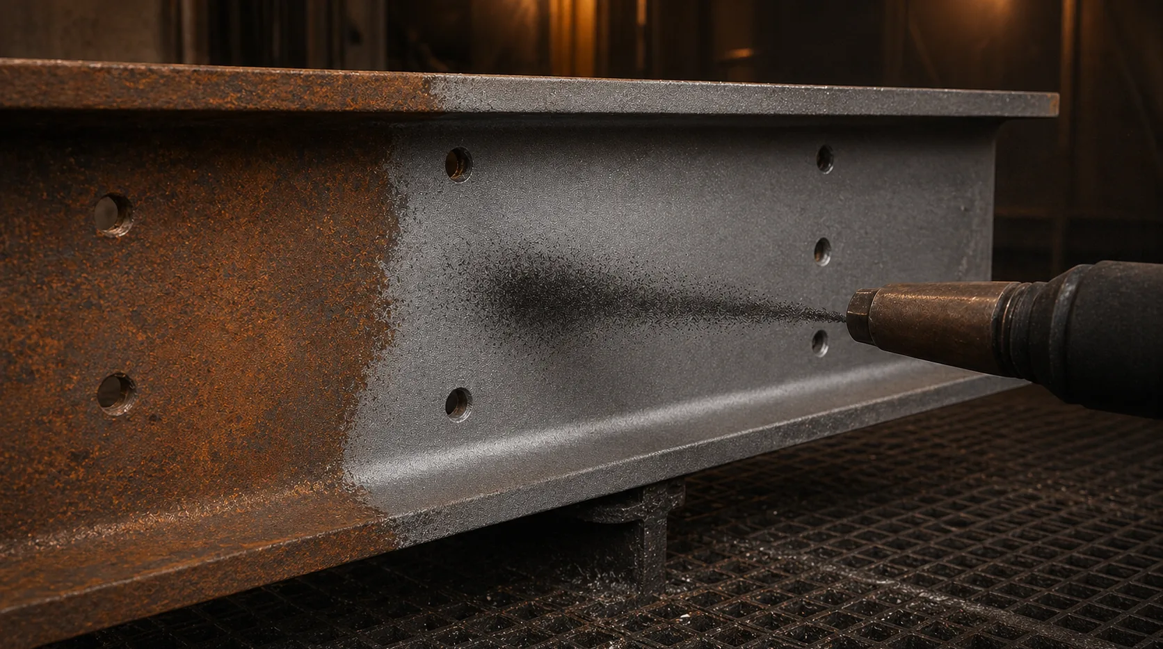 Stahlträger wird mit feiner dunkler Strahlschlacke gestrahlt